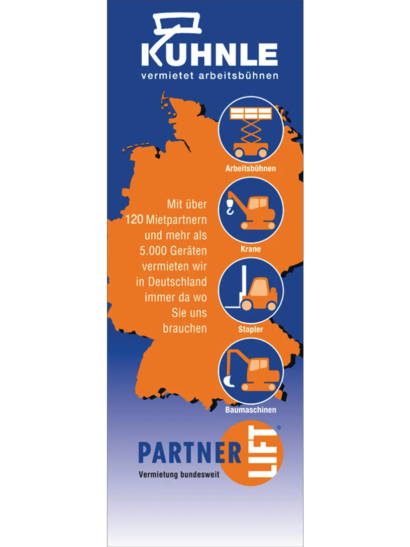 Orangene Partnerlift-Karte auf blauem Hintergrund.